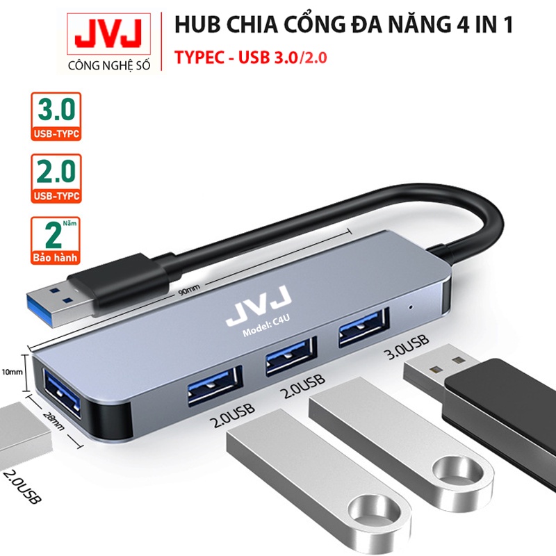 Hub USB typec C4 JVJ 4 trong 1 cổng chuyển đổi chia cổng Type-C/USB sang USB 3.0/2.0 cho MacBook laptop - Bảo hành 2 năm