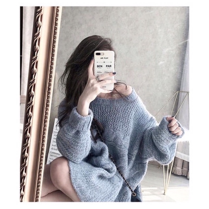 Áo len nữ trễ lệch vai oversize form rộng dáng dài