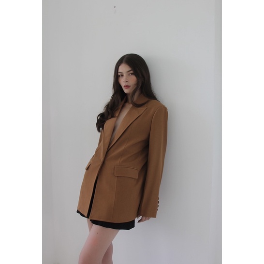 OLALASTUDIO Áo Blazer dáng dài oversize có độn vai ( 3 màu đen, caramel, xanh lá)