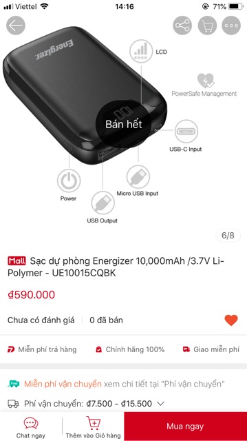 mmm Sạc dự phòng Energizer 10.000mAh 3,7V