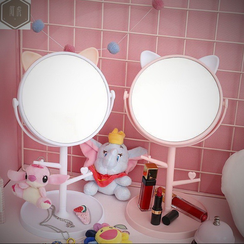 Gương Để Bàn Trang Điểm Tai Mèo Đứng Có Giá Treo Đồ