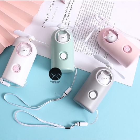 Quạt cầm tay mini quạt tích điện  du lịch có đèn sáng hình gấu đáng yêu siêu bền Maxshop Độc