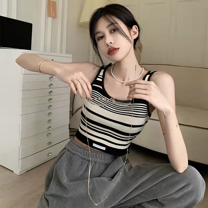 NUZIRO  Áo kiểu tay ngắn/ Áo kiểu hai dây  họa tiết kẻ sọc ngang thời trang dành cho nữ
