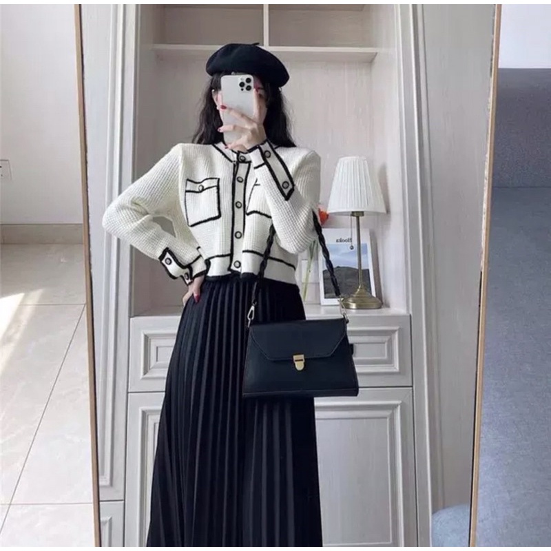 Set áo kèm chân váy, váy midi xếp li đi làm đi chơi siêu xinh