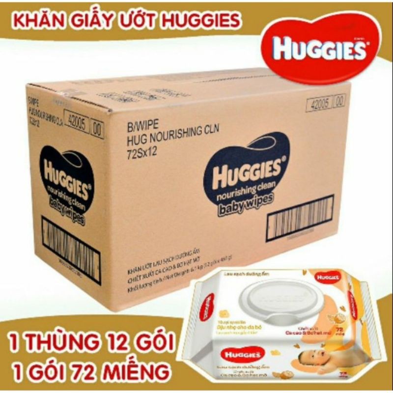 Thùng 12 gói Khăn ướt Huggies chiết xuất Cao cao và Bơ hạt mỡ (72 miếng/gói)