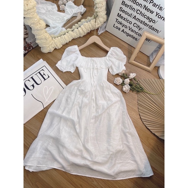 ĐẦM TRẮNG BO CHUN BẸT VAI BÈO NGỰC MIDI