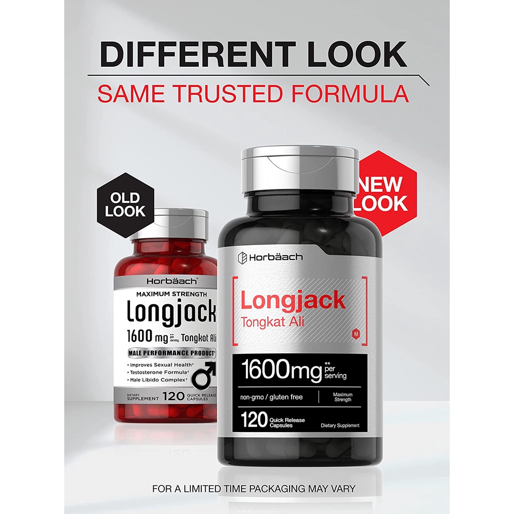 Horbaach Longjack Viên uống Tongkat Ali 1600mg hỗ trợ sức bền, tăng cường sinh lý và giảm căng thẳng 120 viên