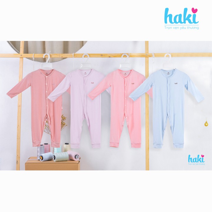 Bộ body liền dài tay cho bé sơ sinh, bodysuits dài tay cài giữa vải sợi tre siêu mềm (Bamboo) HAKI BB007