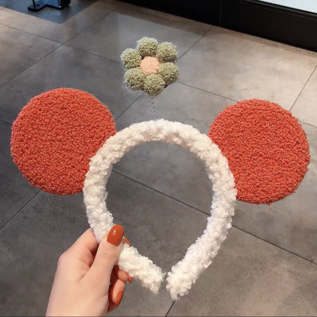 Cài Tóc Tai Mickey Phối Bông Hoa Lò Xo
