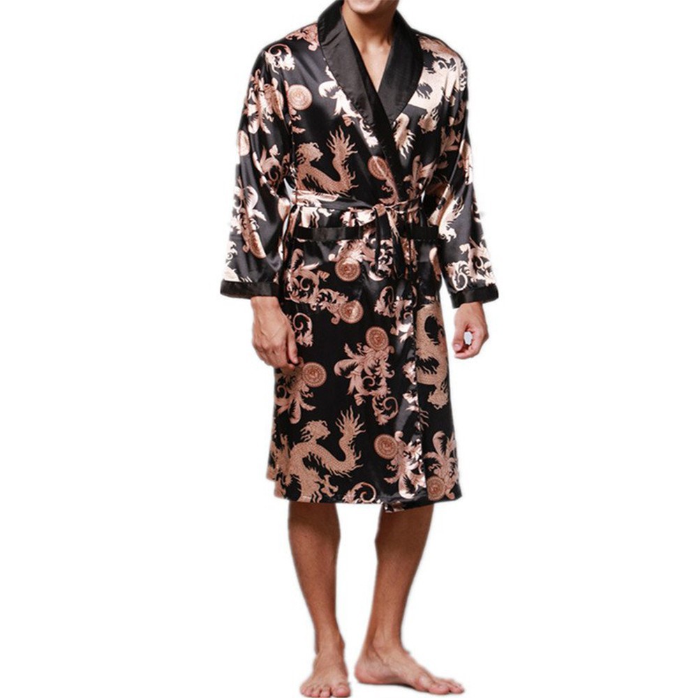 Áo choàng ngủ vải satin in hình rồng cho nam