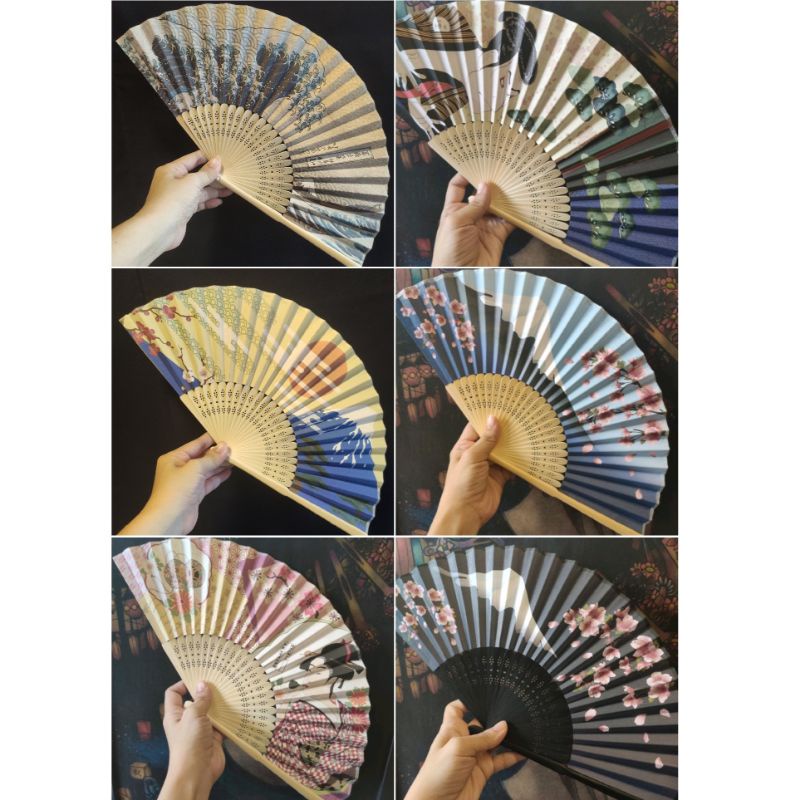 Quạt xếp trang trí họa tiết Nhật 21cm mặt giấy xương tre/sóng biển/núi phú sĩ