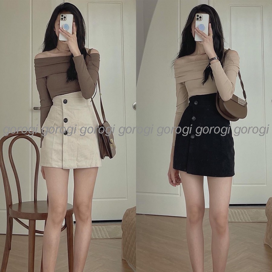 Chân váy chữ A nữ nhung tăm ngắn lưng cao đẹp công sở kèm quần lót trong đi chơi đi làm màu đen nâu trắng kem GOROGI