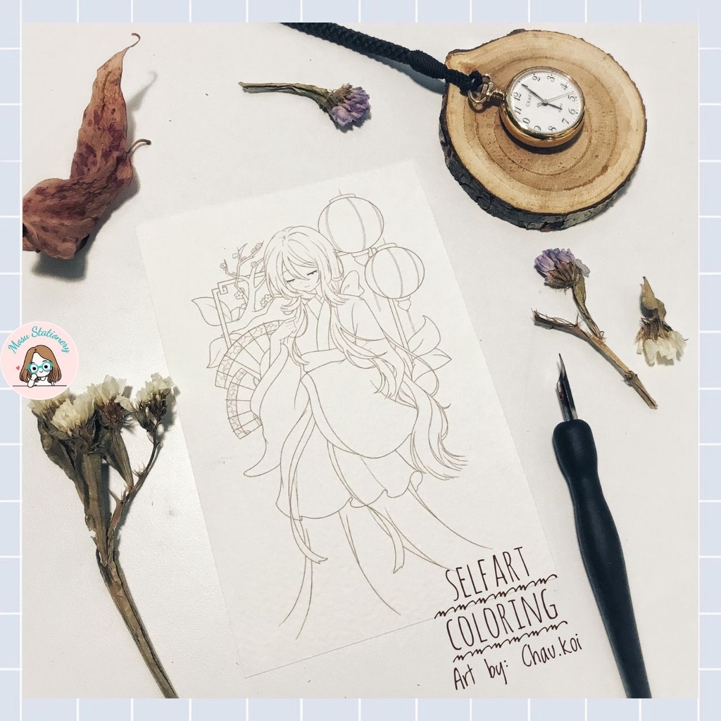 Tranh tô màu - "Cổ phục Việt Nam" của họa sĩ Châu Koi, 3 tranh, giấy vẽ màu nước coldpress 300gsm