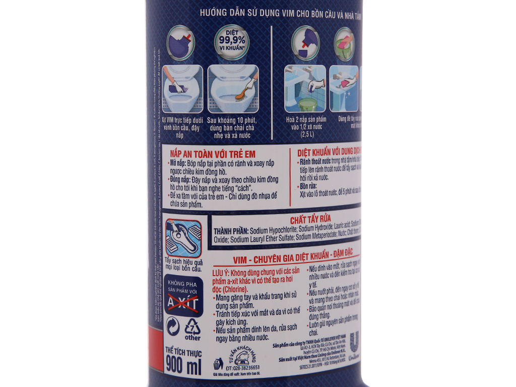 Nước tẩy bồn cầu & nhà tắm VIM diệt khuẩn 900ml