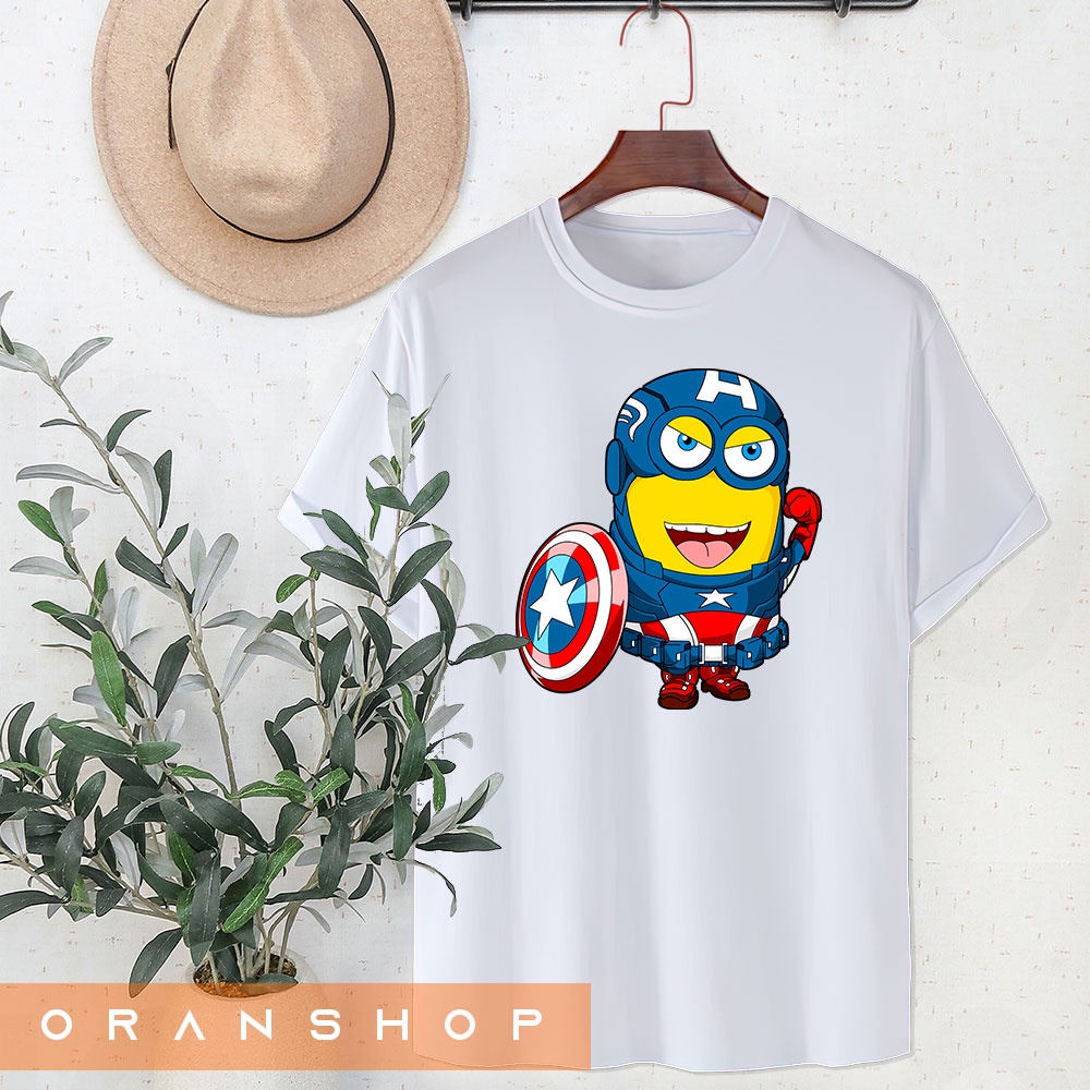 Áo phông tay ngắn cổ tròn chất thun co giãn 4 chiều in hình Captain Minion, Áo Mavel siêu cute