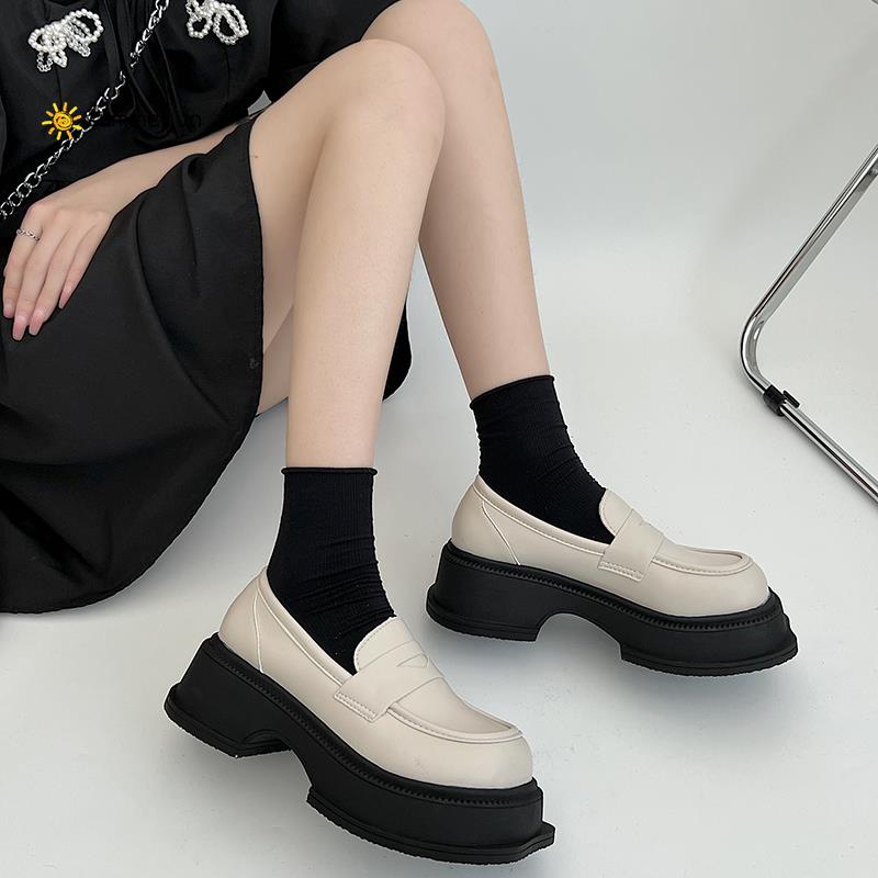 Giày Lười Da Đế Dày Tăng Chiều Cao Màu Đen Phong Cách Anh Quốc Cổ Điển Thời Trang Mùa Thu Cho Nữ