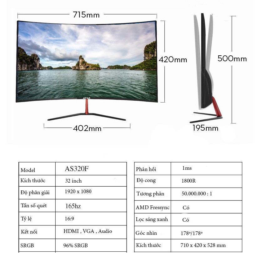 Màn hình máy tính 32 inch cong chuyên game ATAS ZS320Q - Tần số 165HZ - Full HD1080