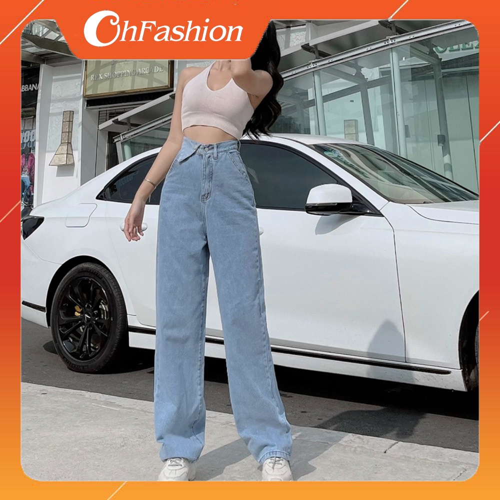 Quần jean nữ ống rộng túi nắp phía trước màu xanh, quần bò nữ lưng cao dáng suông basic OHS3908