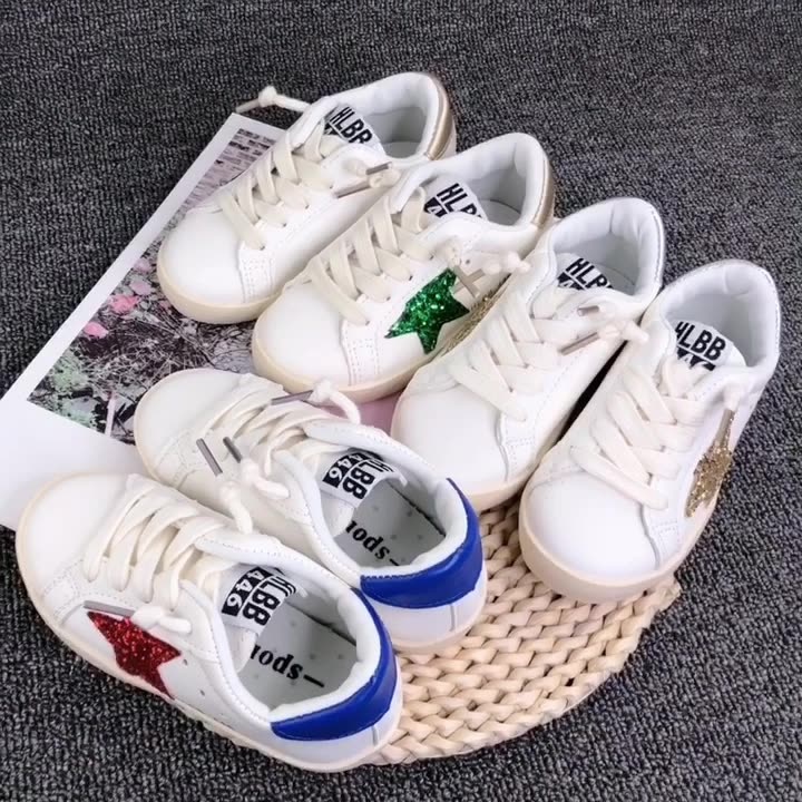 Giày thể thao bé gái bé trai in hình ngôi sao kim tuyến da mềm đế êm nhẹ sz 27-36 Giày trẻ em đế bện