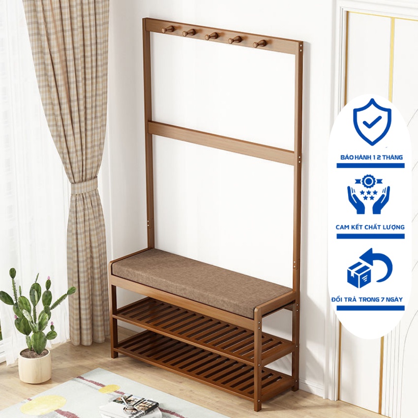 Kệ để giày dép kèm đôn ngồi nghỉ, móc treo đồ bằng gỗ tre chống ẩm, tiện lợi siêu bền thân thiện với môi trường 90x158cm