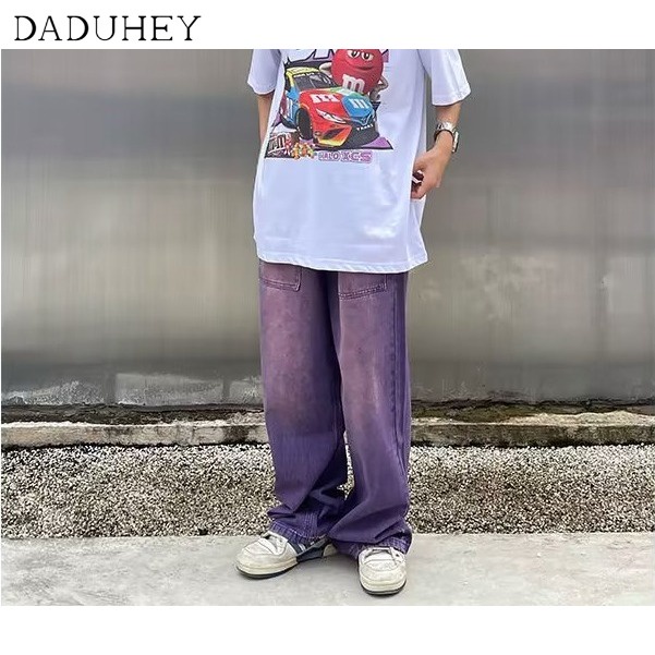 Quần jean ống rộng thẳng lưng vừa màu tím phong cách hip hop đường phố thời trang cho nam nữ