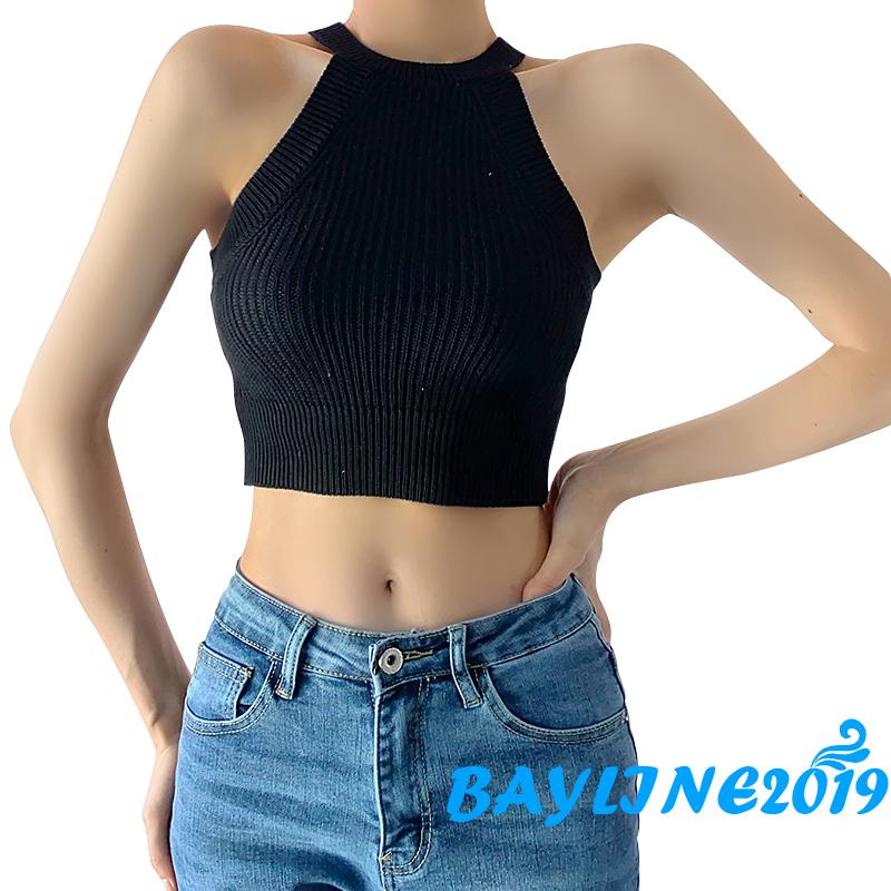 Áo Croptop Dệt Kim Không Tay Hở Vai Màu Trơn Thời Trang Cho Nữ Màu Trắng/Xám/Đen