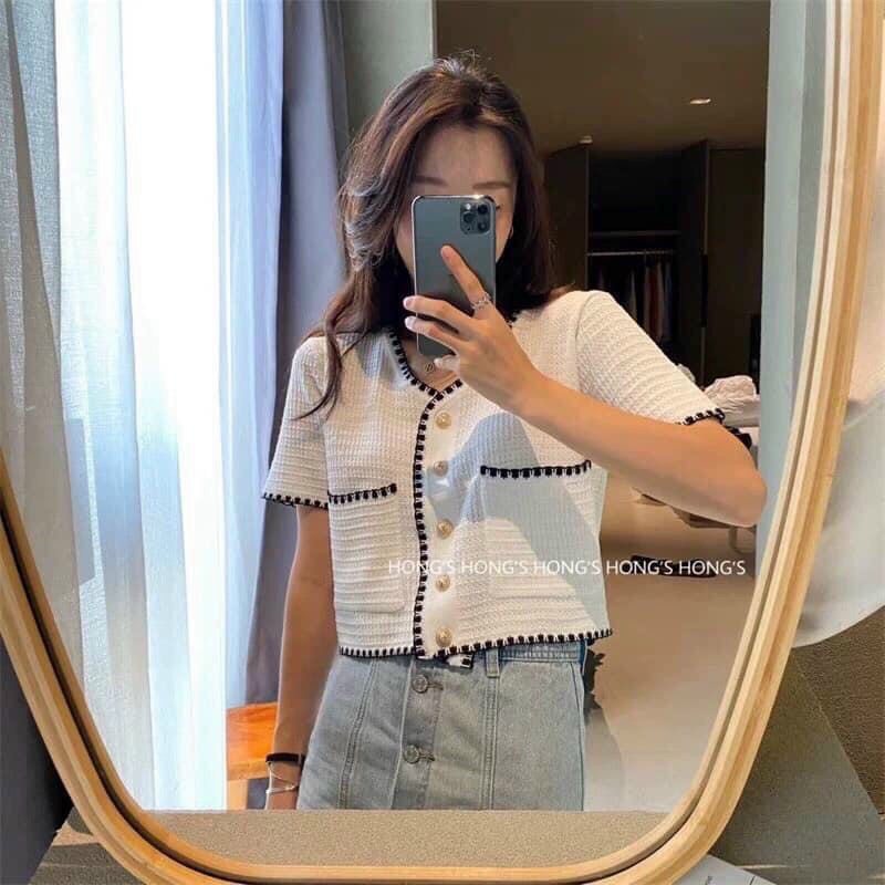 Áo croptop chất len, áo len mongtoghi mùa hè cài khuy đồng hàng Quảng Châu AL002