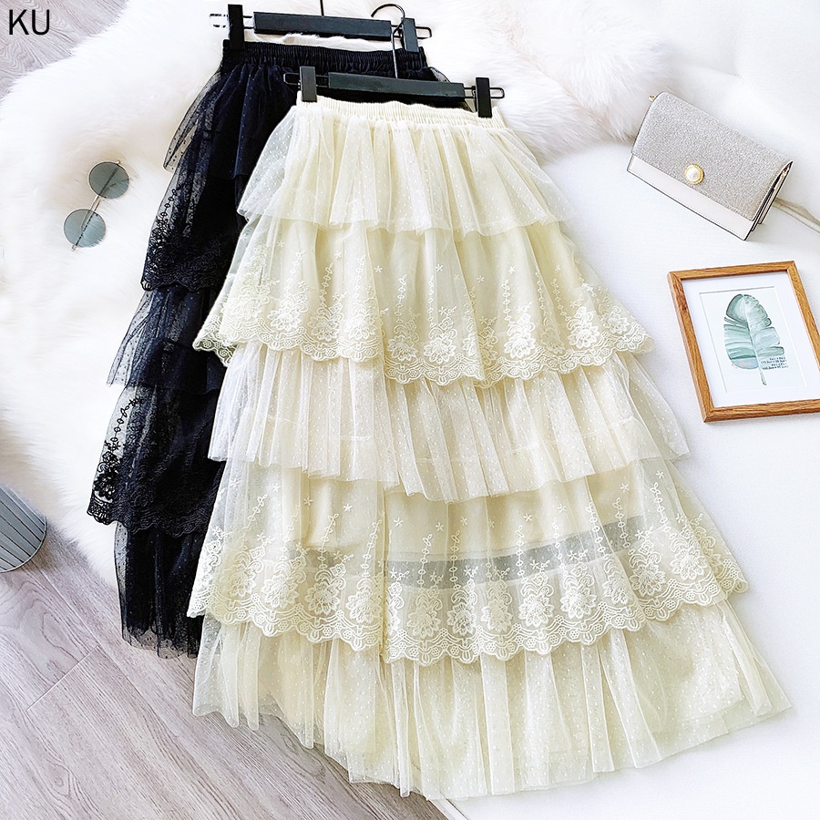 Chân váy xếp tầng thêu họa tiết hoa phong cách hàn quốc thời trang xuân hè cho nữ