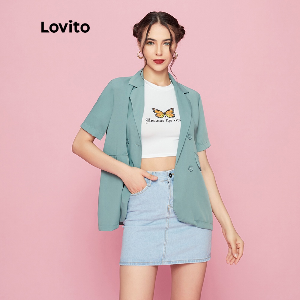 Áo khoác blazer Lovito L09163 tay ngắn dáng rộng màu xanh lá xinh xắn