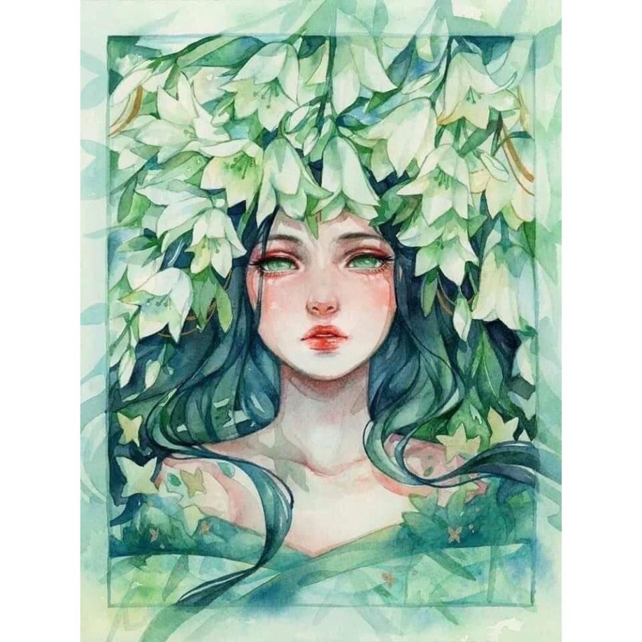 Tranh đá tự đính tự làm 30x40cm giá rẻ in theo yêu cầu, tranh đính đá phong cảnh Anime 5D (Cô gái - Xanh)