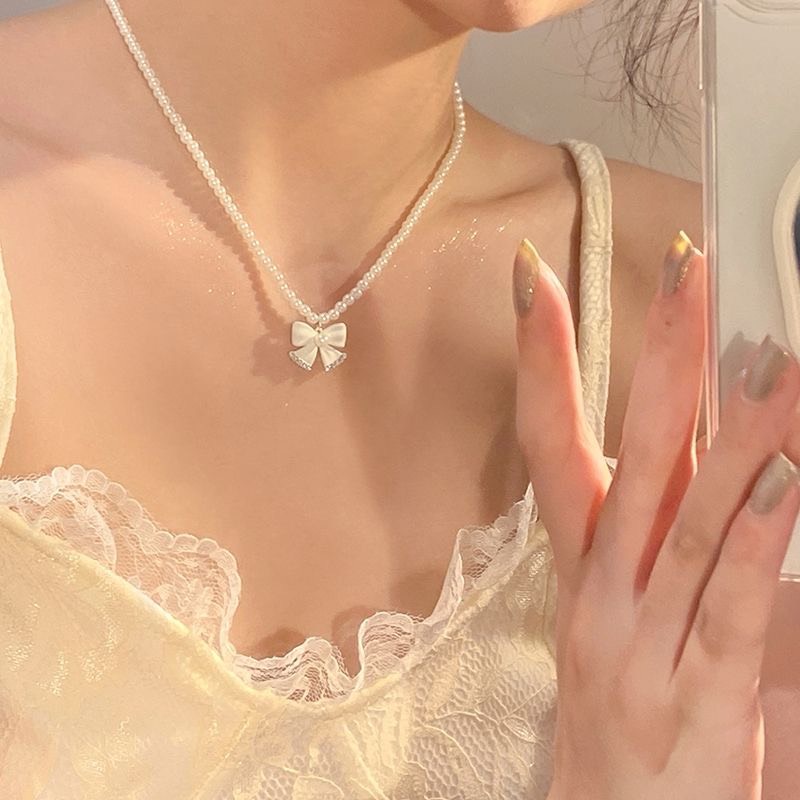 Dây chuyền nữ V61 choker hạt ngọc trai nhân tạo hình nơ tuyệt đẹp