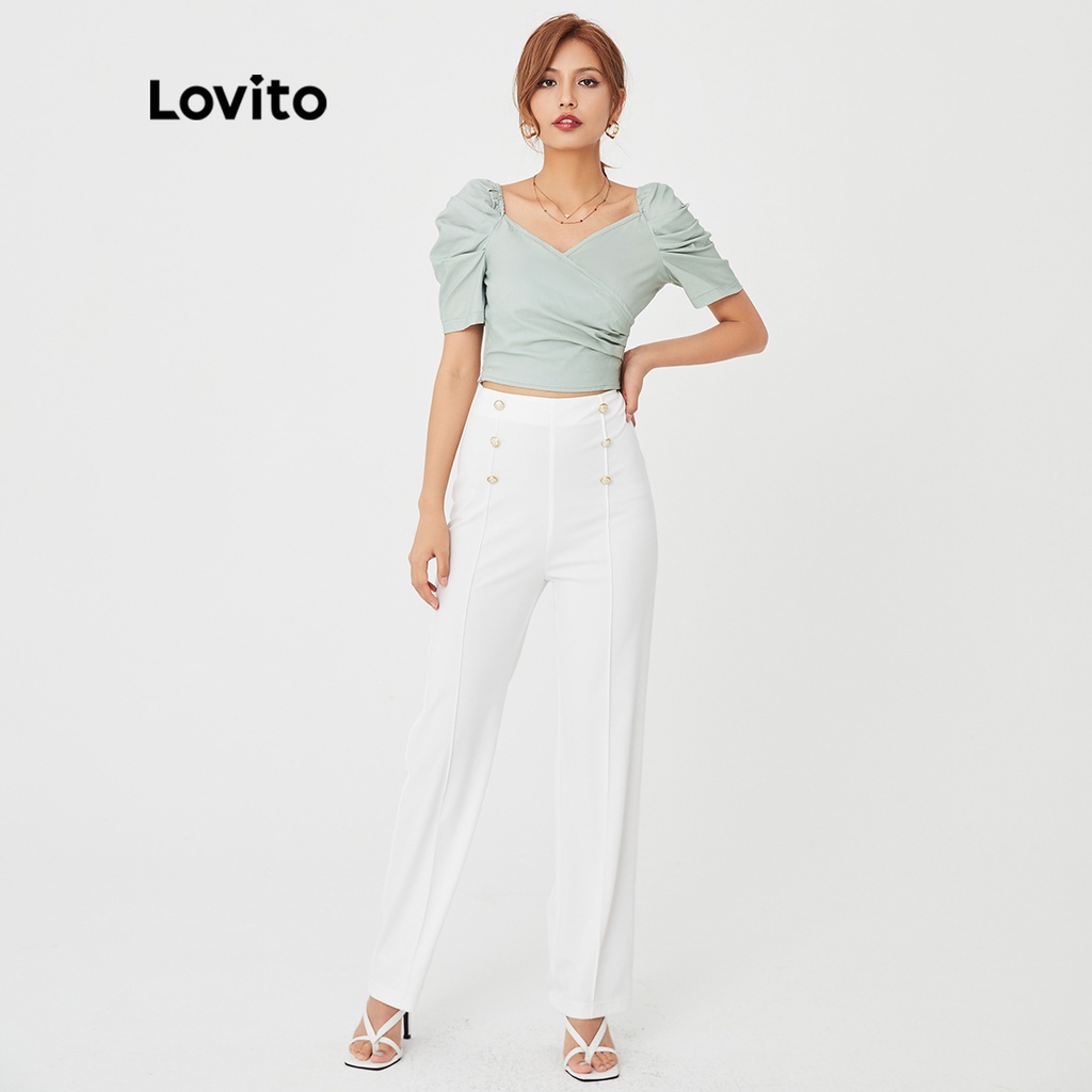 Áo kiểu Lovito xếp nếp lệch ổn định tay phồng màu trơn phong cách thanh lịch L27ED091 (màu xanh lam nhạt)