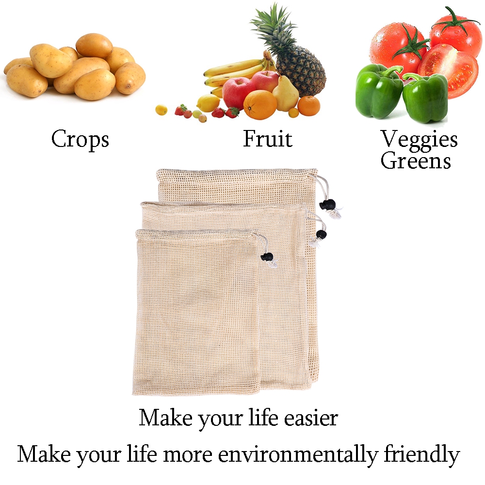 Bộ 1/3 Túi Lưới Rút Đựng Trái Cây Tái Sử Dụng Tiện Lợi