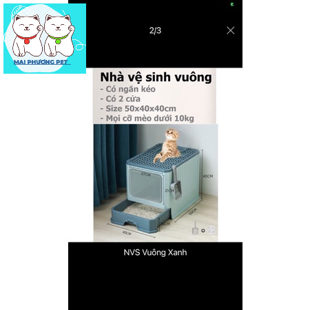 Nhà vệ sinh cho mèo VUÔNG có ngăn kéo khép kín có cửa vào ra riêng chống văng cát kèm xẻng