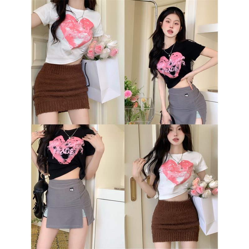 Áo Thun Tay Ngắn Dáng Ôm In Chữ Và Trái Tim Thời Trang Hàn Quốc Quyến Rũ Cho Nữ
