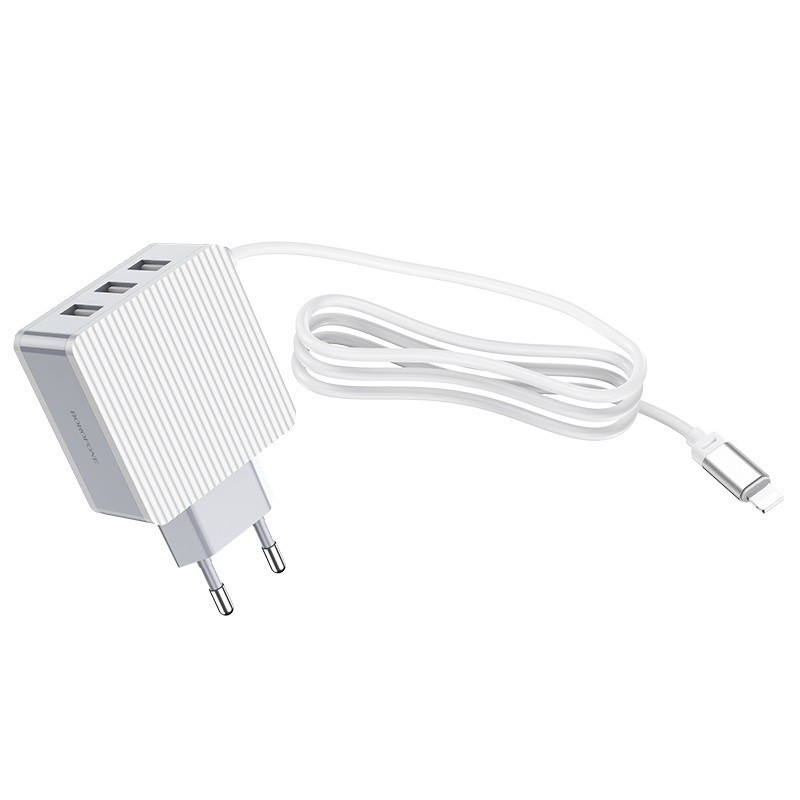 Cục Sạc Bộ Sạc Borofone BA42A Iphone Lightning 1m 3 Cổng USB PC Chống cháy