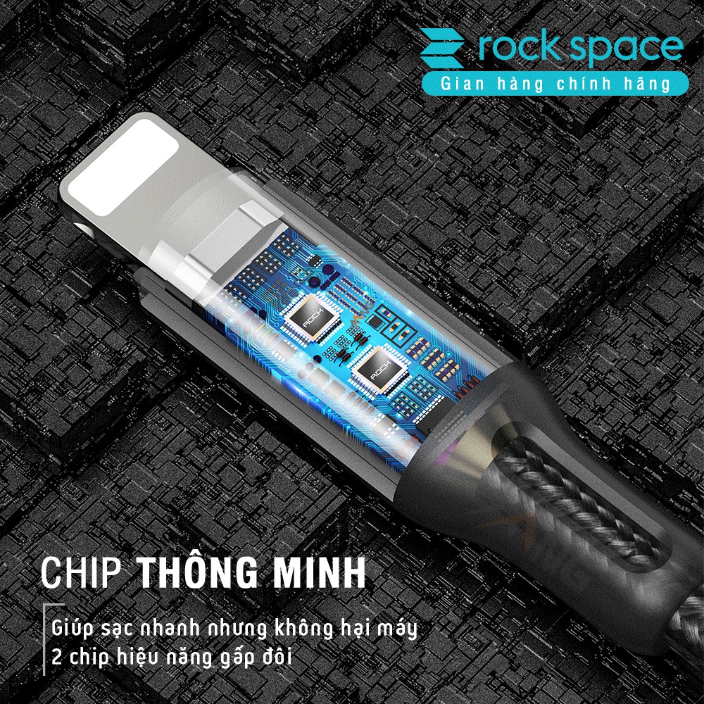 Dây Sạc iPhone Chính Hãng 2 mét Rockspace R2 dây dù màu đen, sạc nhanh, ổn định, không nóng, BH 1 năm 1 đổi 1