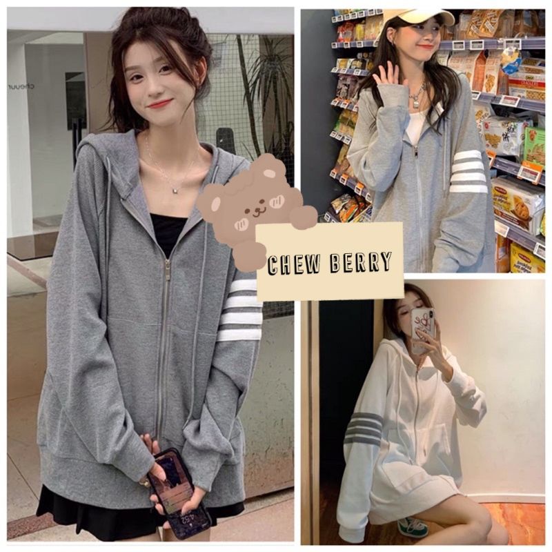 Áo Khoác Hoodie Khoá Kéo Mũ Sọc Tay Xám Trắng Bo Tăm Form Rộng