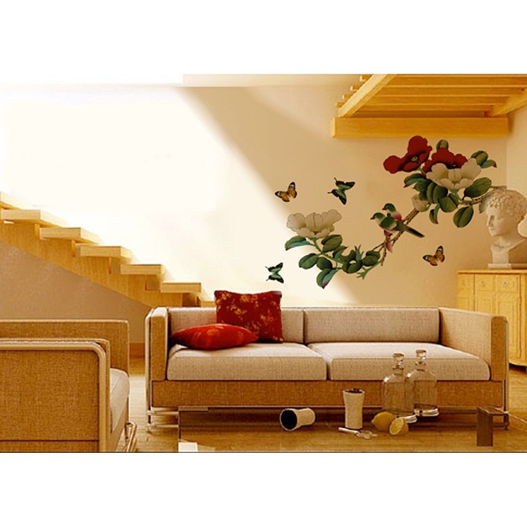 Decal trang trí tường Cành Hoa Hồng Đỏ Trắng Cổ Điển