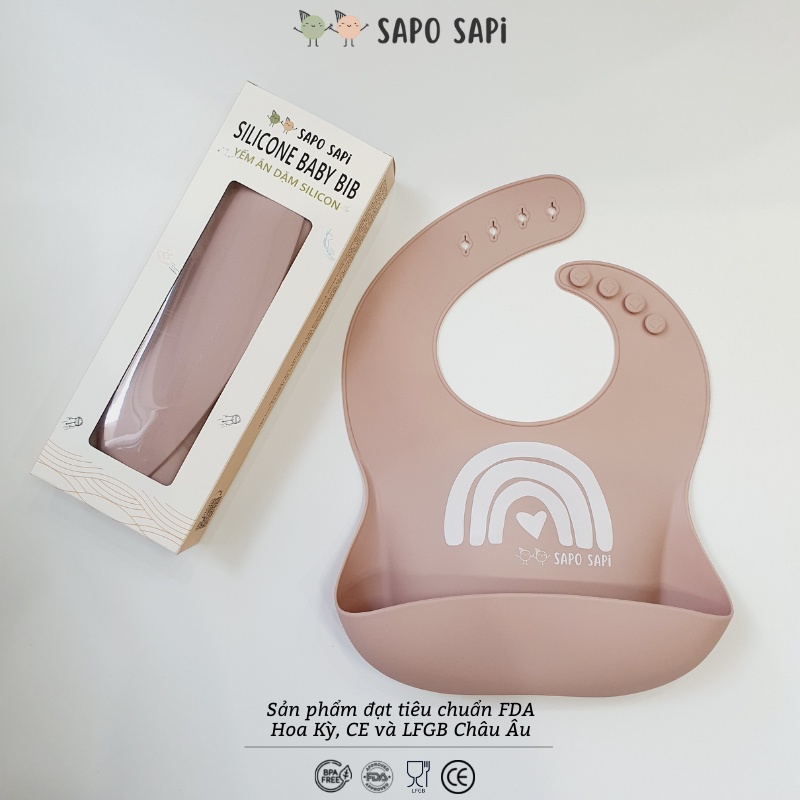 Yếm ăn dặm Premium Silicon chất lượng cao mềm, nhẹ, dễ vệ sinh SAPO SAPi - Cầu vồng cute - Rose Pink