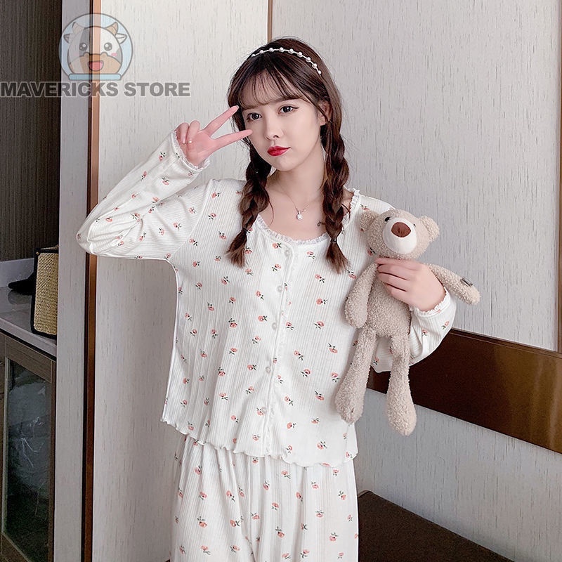 Bộ Đồ Ngủ Tay Dài Dáng Rộng In Hoa Phong Cách Hàn Quốc Thời Trang Mùa Thu Xinh Xắn Cho Nữ