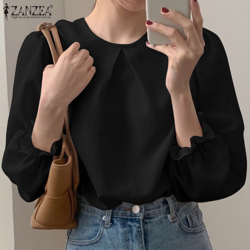 Áo ZANZEA tay dài cổ tròn màu trơn phong cách Hàn Quốc thường ngày dễ phối đồ cho nữ