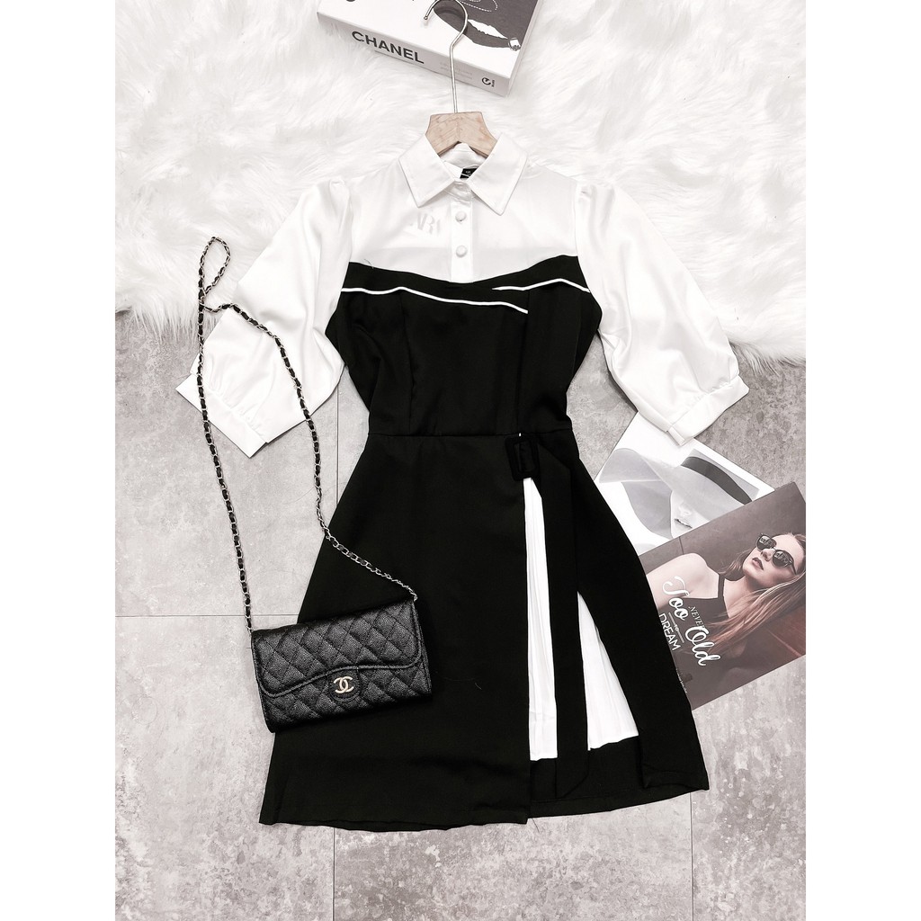 Đầm xếp ly trắng cổ sơ mi phối váy xẻ tà màu đen - Thời trang công sở cao cấp