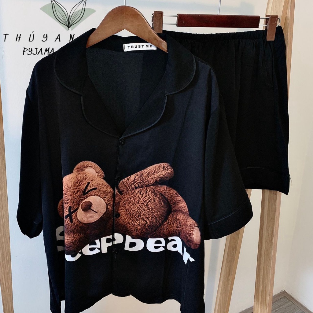 Bộ Pijama nữ bigsize gấu nâu cộc đùi chất lụa Mango ko nhăn dành cho nữ, mẹ bầu 60 - 90kg