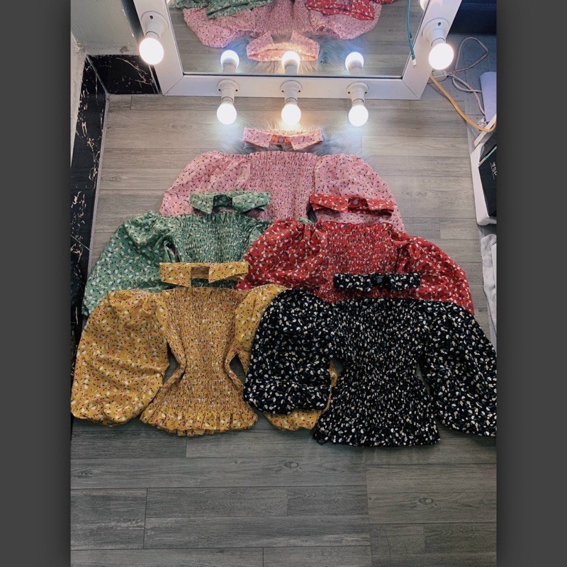 Áo nhún bẹt vai kèm chocker sơ mi- hình thật