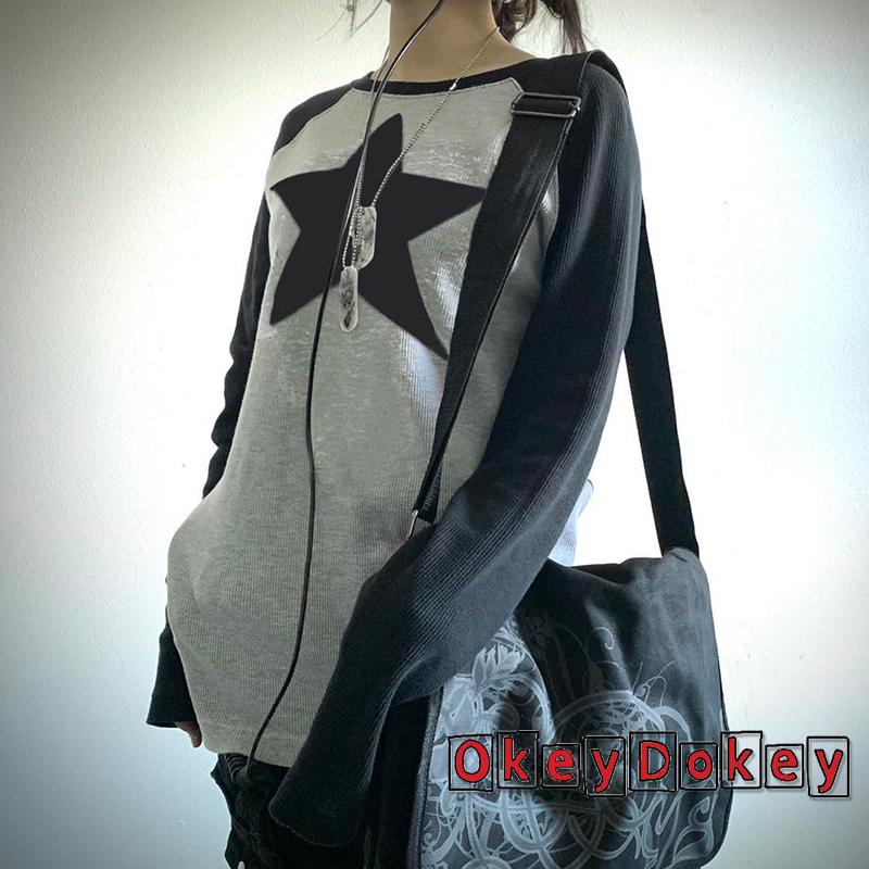 Áo Thun Tay Dài Dáng Rộng In Hình Ngôi Sao Phong Cách Gothic Cổ Điển OKDK-Y2K Fairycore Grunge