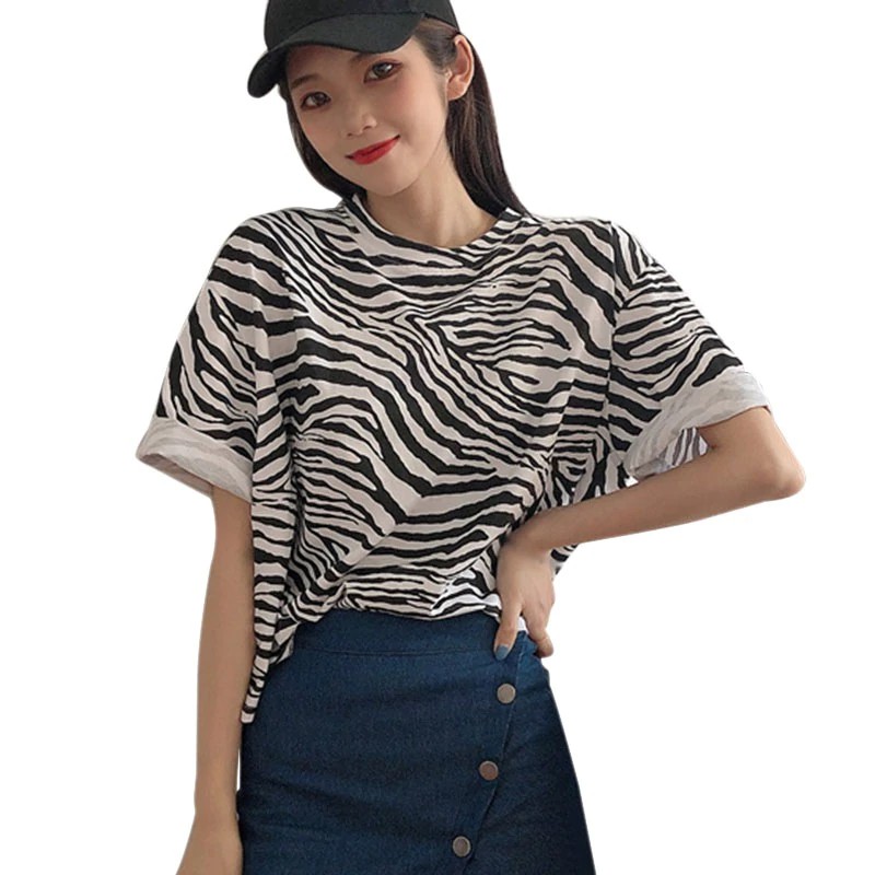 Áo Thun Croptop Ngắn Tay Dáng Rộng In Họa Tiết Ngựa Vằn Cá Tính Cho Nữ