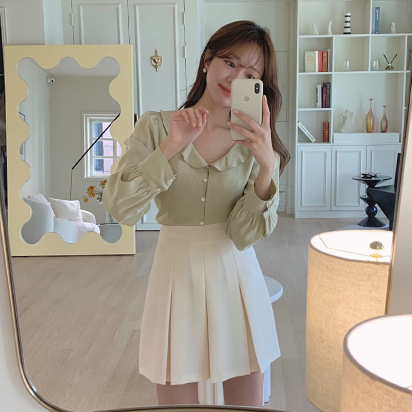 Áo sơ mi tay dài nhún bèo/Chân váy xếp ly chữ a lưng cao phong cách hàn quốc 42485