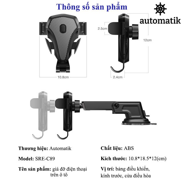 Giá Đỡ Điện Thoại Trên Ô Tô Xoay 360 độ gắn Taplo và Kẹp Cửa Điều Hòa - Automatik | BigBuy360 - bigbuy360.vn