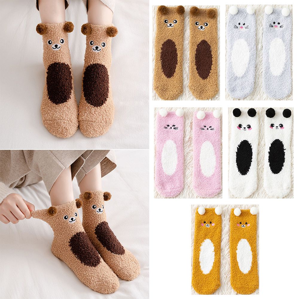 Vớ nhung san hô mềm mại giữ ấm chân mùa đông hình gấu dễ thương cho nữ